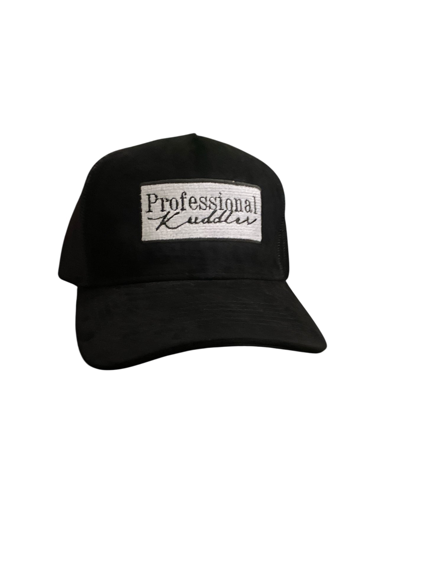 “Professional Kuddler” patch suede mesh 5 panel trucker hat.